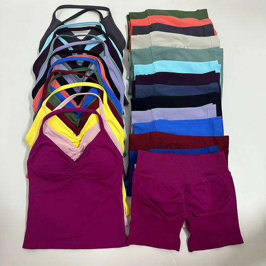 2 Pieces Women Yoga Set Seamless Impact Longline Strappy Tank Top Scrunch Sports Shorts Gym Clothes Woman Summer Workout Outfit Good Vibrations
