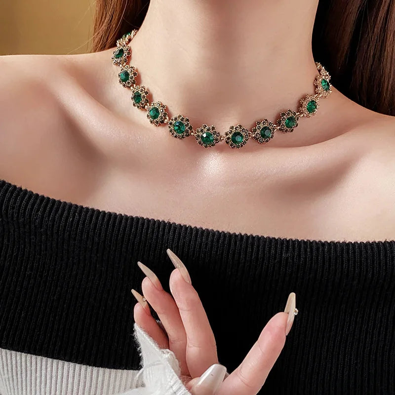 Rhinestone Green Circle Flower Necklace for Women Medieval Vintage Bracelet French Luxury Dainty Earrings Jewelry Sets Wholesale Good Vibrations Adult Super Store
