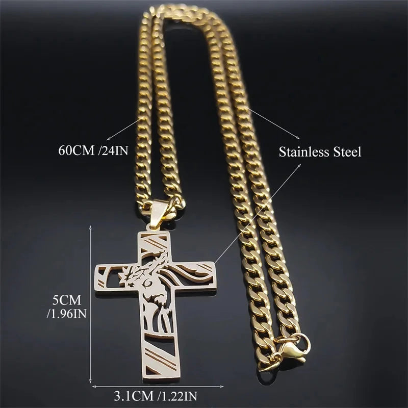 Hip Hop Punk Crown of Thorns Jesus Cross Necklace for Men Stainless Steel Gold Plated Crucifix Pendant Necklaces Jewelry N8052 Good Vibrations