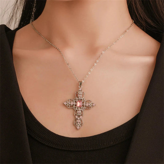 Fashion Exquisite Hollow Cross Necklace Bohemian Inlaid Rhinestones Clavicle Chain Jewelry Gifts For Women Girls Party Wearing Good Vibrations