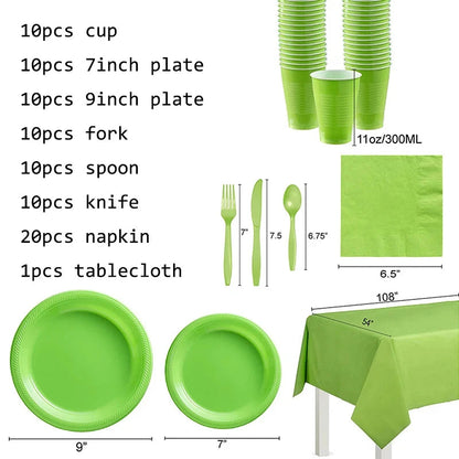 Green Solid Color Party Set Plastic Plate Cup Tablecloth Birthday Party Easter Day Baby Decoration Dinniware Party Supplies Good Vibrations