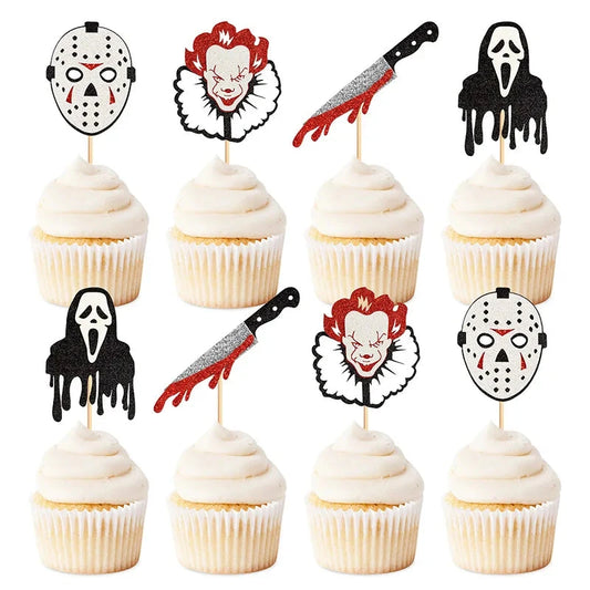 Cake Topper Blood Knife Mask Ghost Face DIY Halloween Cupcake Toppers Ghost Cake Flags Kids Birthday Killer Party Baking Decor Good Vibrations