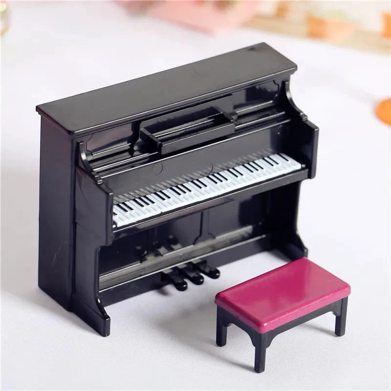 Dollhouse Mini Furniture Living Room Scene Model Miniature Piano and Piano Stool, Play House Home decoration ornaments Good Vibrations