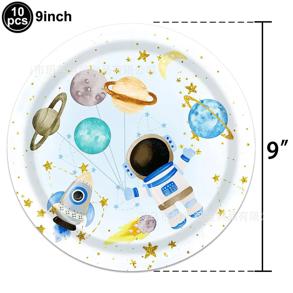 Blue Galaxy Space Disposable Plates Napkins Cups Outer Space Theme Party Tableware for Boys Astronaut Theme Birthday Decorations Good Vibrations