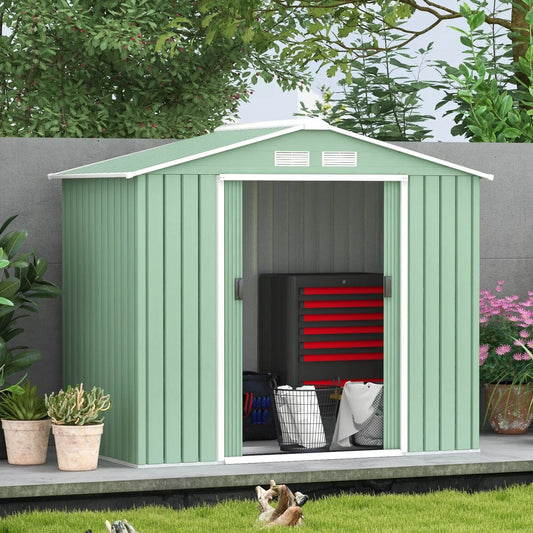 7' x 4' Outdoor Storage Shed, Garden Tool House with Foundation, Vents & Sliding Doors for Backyard Patio Lawn, Light Green Good Vibrations