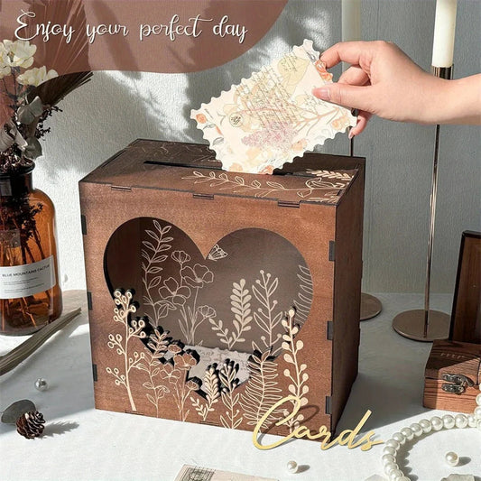 Brown Wedding Card Box for Reception with Heart Acrylic Window, Vintage Wooden Gift Card Box for Wedding for Graduation Birthday Good Vibrations