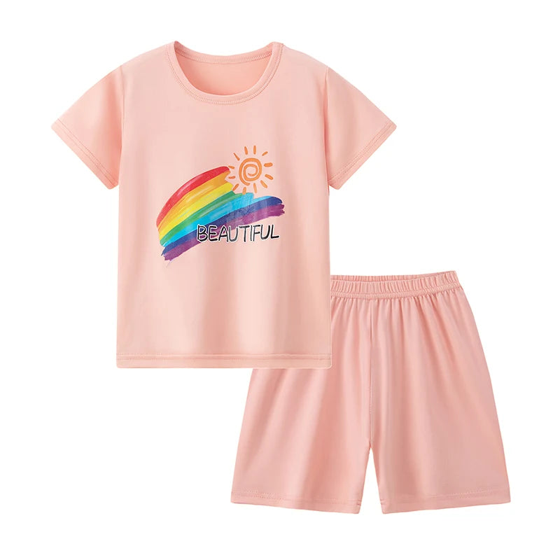 2-piece Summer Children's Comfortable And Versatile Cute Short sleeved Shorts Set For Boys And Girls Casual Home And Outdoor Set Good Vibrations