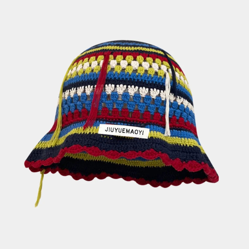 2024 Spring New Crochet Hat Korean Handmade Bucket Hat Women's Weaving Knitted Hat Y2k Fashion Flowers Autumn Winter Ins Beanies Good Vibrations