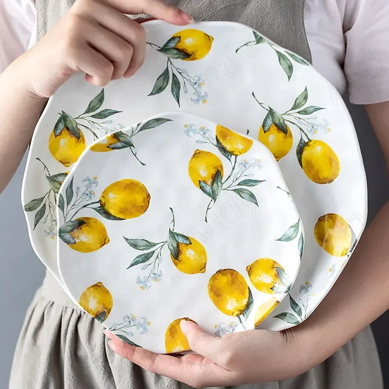 European Ceramic Plate Creative Rural Style Breakfast Bread Plate Hand Drawn Lemon Desktop Fruit Salad Plates Kitchen Tableware Good Vibrations
