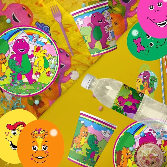 Barney Theme Birthday Party Decorations Cake Topper Birthday CUP Napkin PLATE Straw Swirls Stickers KidsParty Supplies Decor Good Vibrations