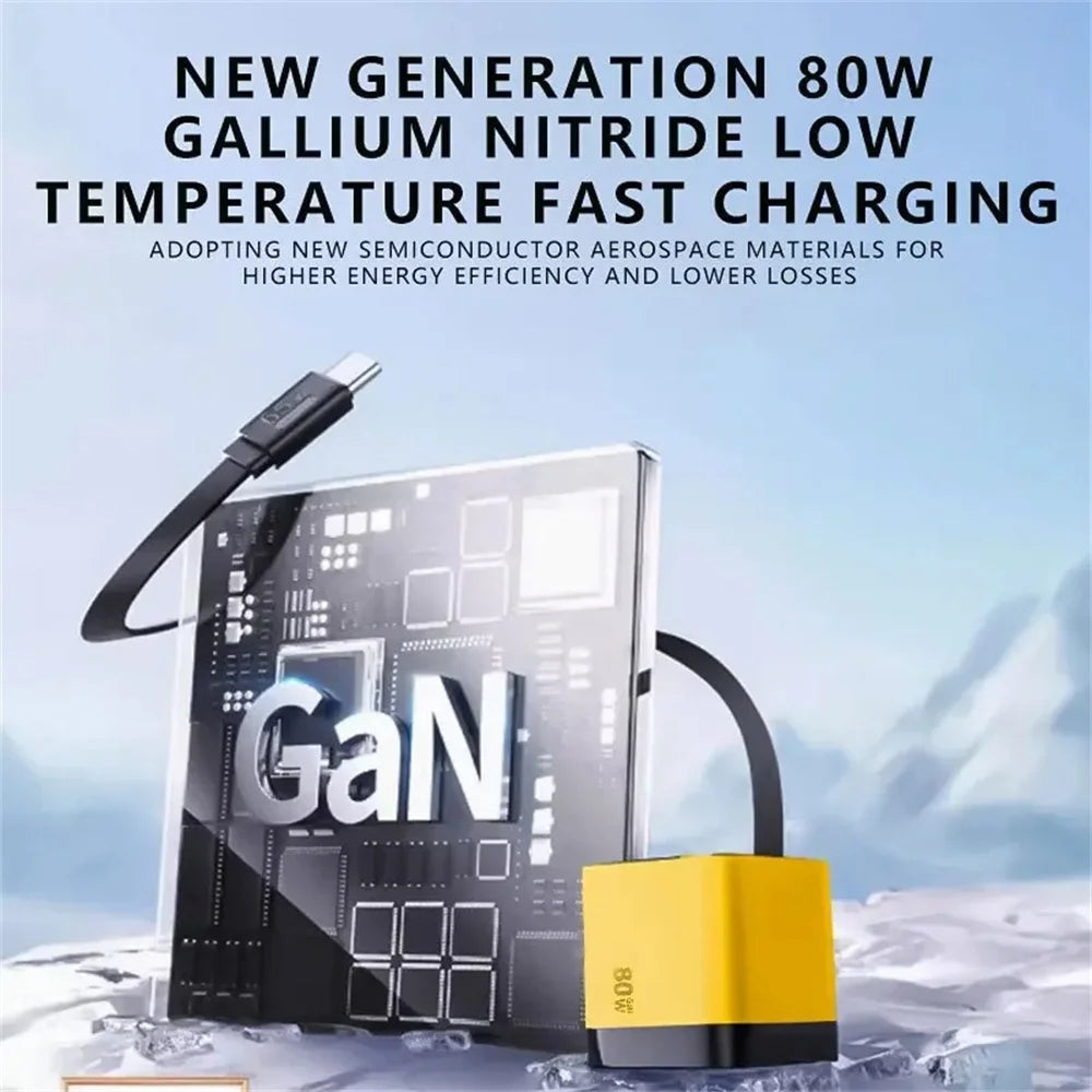 3 In 1 80W GaN Fast Charger Built-in Retractable Type-C Cable USB Type-C Charging Head For Universal USB Charging Power Adapter Good Vibrations