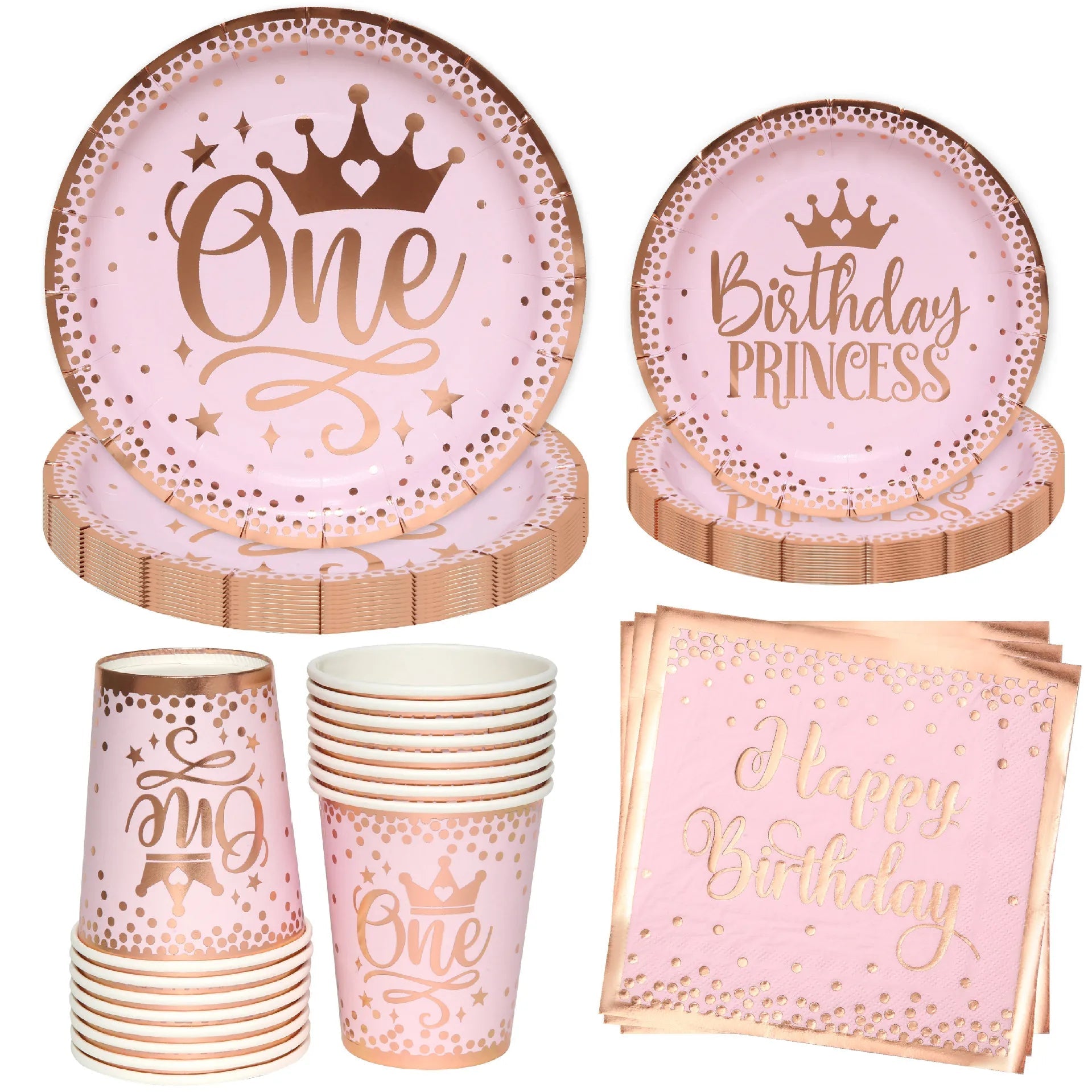 8Guests Pink One Year Old Birthday Disposable Tableware Crown Plates Cups Napkins Girls Princess Happy One 1st Birthday Party Good Vibrations