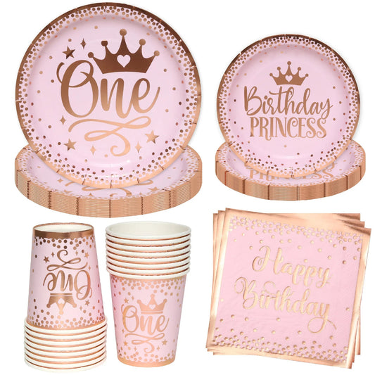 8Guests Pink One Year Old Birthday Disposable Tableware Crown Plates Cups Napkins Girls Princess Happy One 1st Birthday Party Good Vibrations