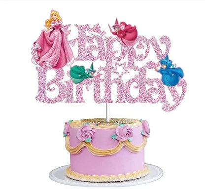 Princess Cake Toppers for Girls Birthday Cake Decoration Cinderella Mermaid Rapunzel Cake Toppers Pink Glitter Cake Flag Good Vibrations