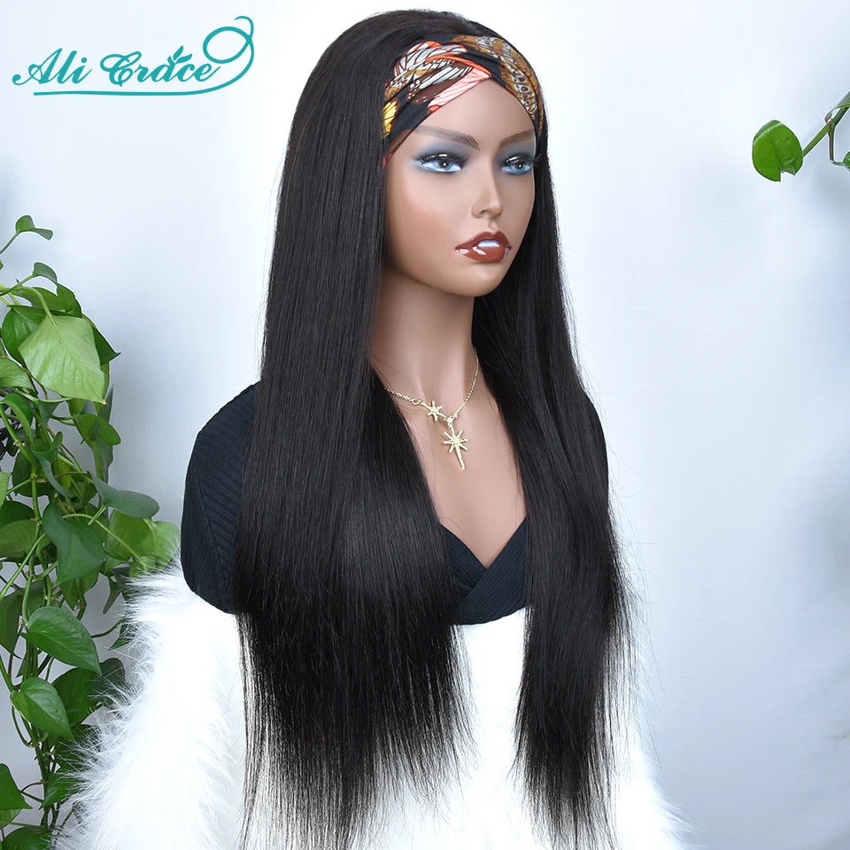 Ali Grace Glueless Wigs Straight Human Hair Wigs for Women Headband Hair Wigs With Adjustable Bangs Brazilian Straight Hair Wigs Good Vibrations
