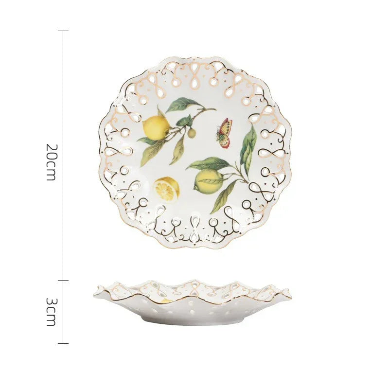 Europeanc Style Ceramic Dining Plate Elegant Lemon Pattern Dinner Steak Plate Coffee Cup Set Western Cuisine Dessert Plate Good Vibrations