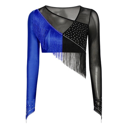 Women Lyrical Dance Outfit Set Modern Contemporary Dancewear Tassel Long Sleeve Mesh Crop Top with Skirted Leotard Ballet Outfit Good Vibrations