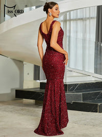Missord 2024 New Burgundy Sequin Mermaid Evening Formal Occasion Prom Dresses Good Vibrations