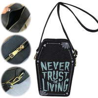 Gothic Shoulder Bag Women PU Leather Coffin Shape Handbag Adjustable Strap Hobo Bag Phone Bag for Halloween Cosplay Good Vibrations