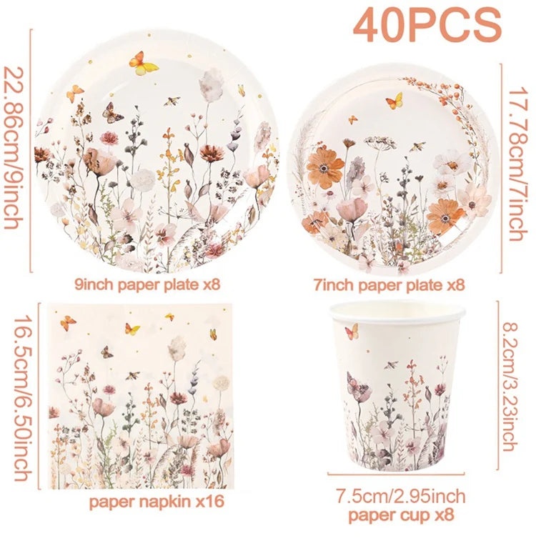 Wild Flower Disposable Tableware Set Birthday Party Wedding Baby Shower Decor Supplies Girls Favor Paper Plates Cups Napkins Good Vibrations