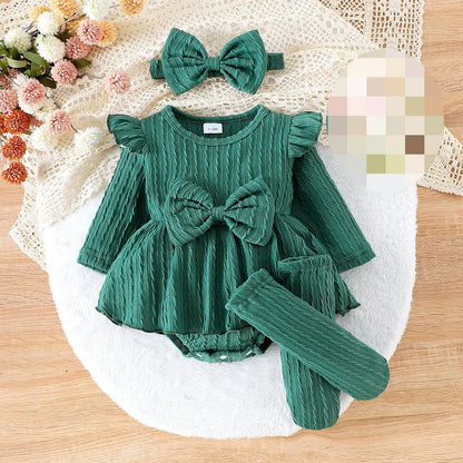 Autumn Winter Baby Girl Sets Purple Green Pink Red Ruffle Long Sleeve Bodysuit+Socks+Headwear Infant Birthday Party Wear D0141 Good Vibrations