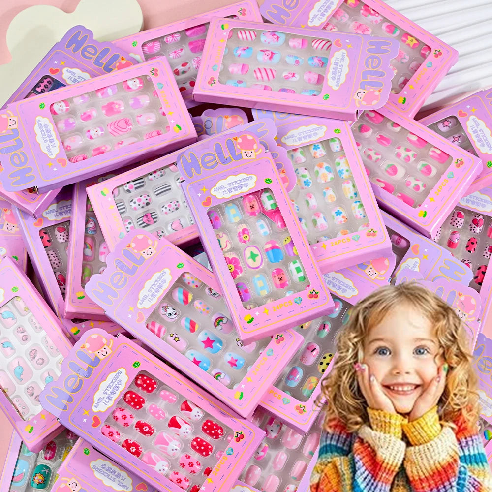 24Pcs/box Kids nails for Girl Cartoon Pattern False Nail Cute Child Fake Nails Tips Kawaii Acrylic Artificial Press on Nail+Tool Good Vibrations