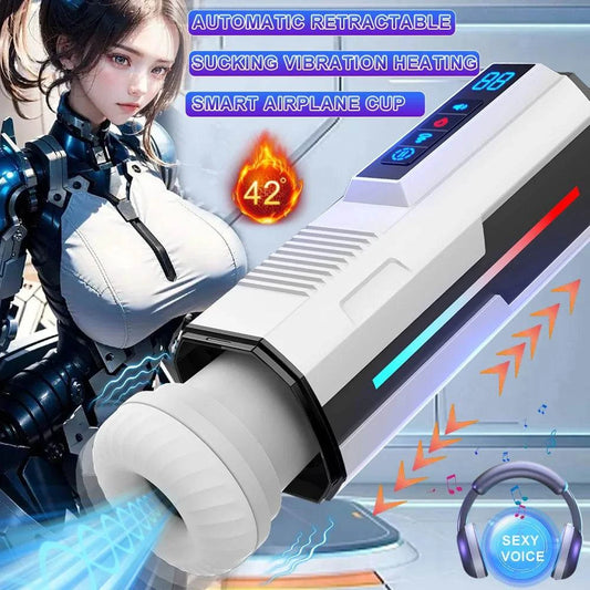 Automatic telescopic male masturbator cup with sucking and vibrating features, smart airplane design.