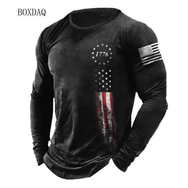 American Flag Pattern Men T-shirts Spring Autumn Long Sleeve 3d Print Street Fashion Tee 6XL Plus Size Male Clothing Casual Tops Good Vibrations