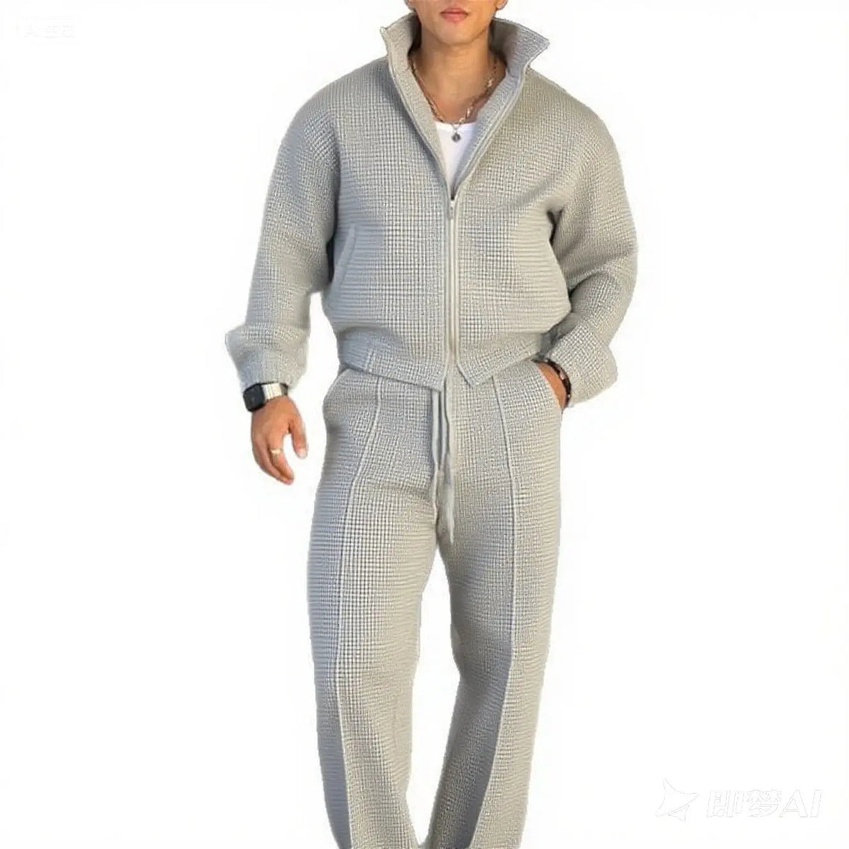 Fall Men's Fashionable Sporty Casual Suit - High-Quality Stand-Up Collar Solid-Color Pullover with Zipper, Drawstring Pants Good Vibrations