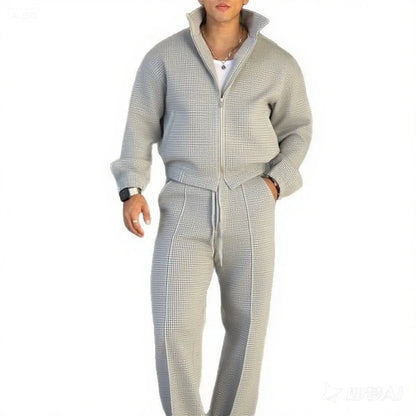 Fall Men's Fashionable Sporty Casual Suit - High-Quality Stand-Up Collar Solid-Color Pullover with Zipper, Drawstring Pants Good Vibrations