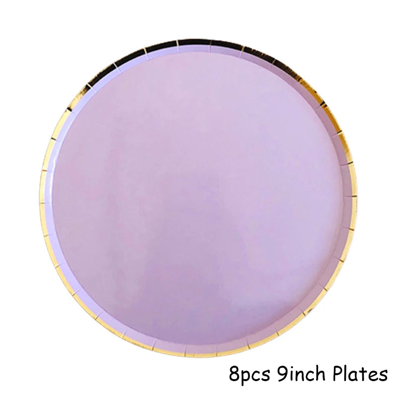 Purple Gold Party Paper Cup Plate Straw For Birthday Carnival Kids Favors Wedding Decor Disposable Tableware Party Supplies Good Vibrations
