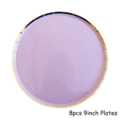 Purple Gold Party Paper Cup Plate Straw For Birthday Carnival Kids Favors Wedding Decor Disposable Tableware Party Supplies Good Vibrations