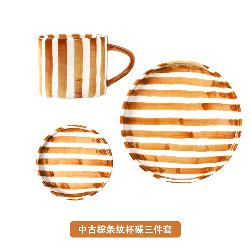 Ceramic Coffee Mug Three-piece Set Hand-painted Striped Mug Afternoon Camellia Tea Mug Breakfast Milk Oatmeal Mug Cake Plate New Good Vibrations