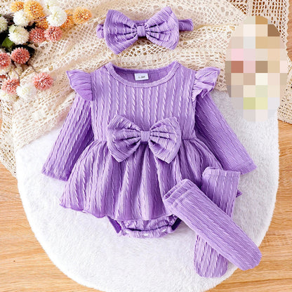 Autumn Winter Baby Girl Sets Purple Green Pink Red Ruffle Long Sleeve Bodysuit+Socks+Headwear Infant Birthday Party Wear D0141 Good Vibrations