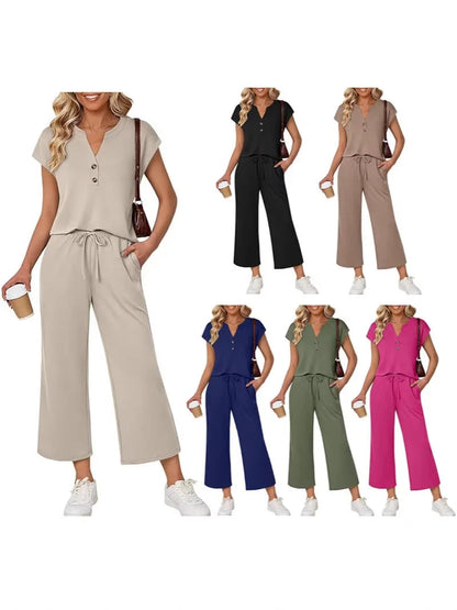 Women 2 Piece Outfit Set V Neck Button Short Sleeve T Shirt Drawstring Wide Leg Capri Pants Casual Loose Tracksuit Loungewear Va Good Vibrations