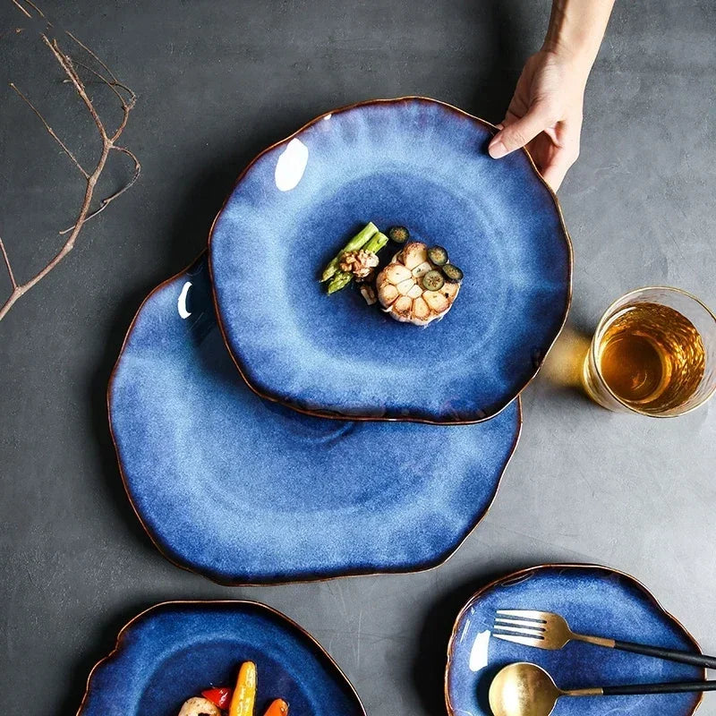 Ceramic Plates Deep Blue Irregular Flat Plate Pottery Dish Household Decoration Tableware Dinnerware Tray Hotel Kitchen Supplies Good Vibrations