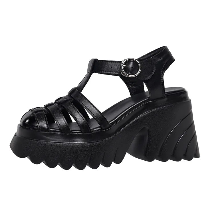 Womens Roman Sandals Hollow High Heel Thick Bottom Gladiator Sandals Womens Buckle Womens Shoes Non-slip Outdoor Beach Shoes Good Vibrations