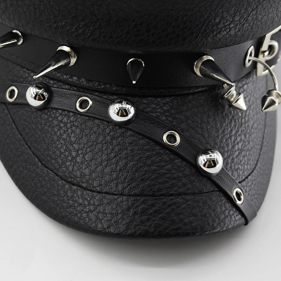 Women's Trendy Beret Black Pu Leather Flat Top Captain Military Caps Women's Accessories Good Vibrations