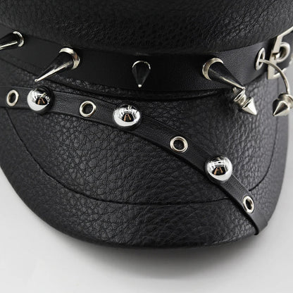 Women's Trendy Beret Black Pu Leather Flat Top Captain Military Caps Women's Accessories Good Vibrations