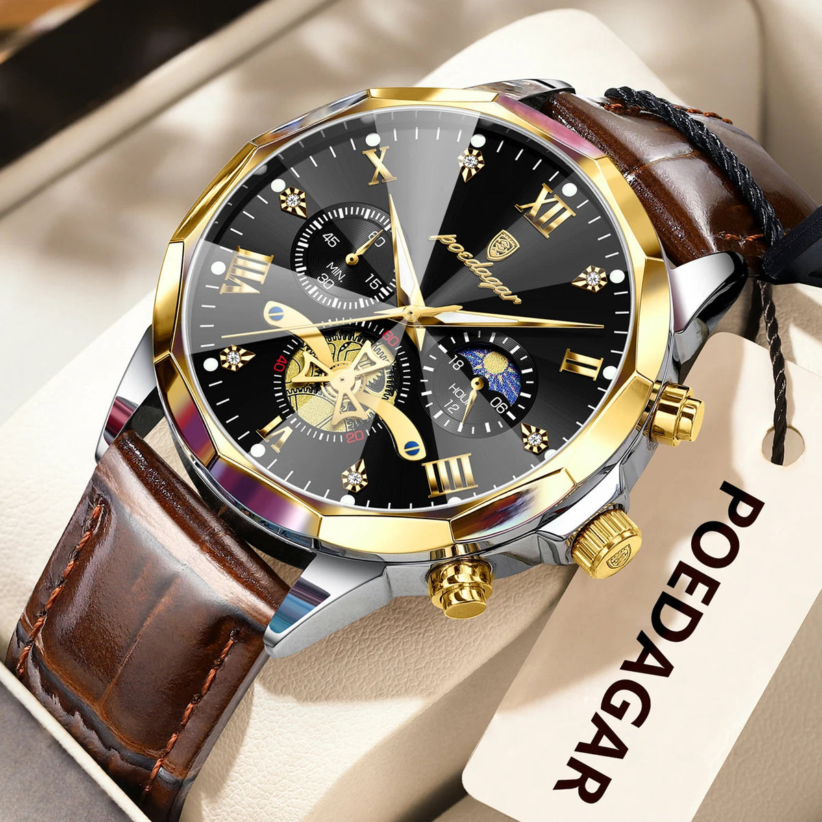 POEDAGAR Military Luxury Men Wristwatch Quartz Waterproof Luminous Chronograph Leather Man Watch Sports Men's Watches Male Reloj Good Vibrations