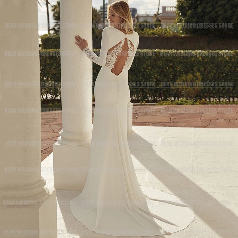 Sexy Elegant Wedding Dresses Woman's Mermaid Long Sleeve Train Sexy V Neck Backless Satin Bride Gowns Vestidos Novia Customized Good Vibrations