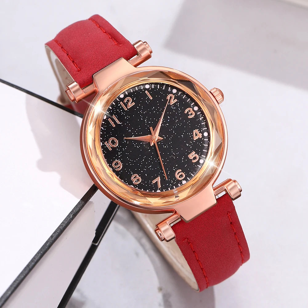 6PCS/Set Red Women's Watch With Minimalist Elements Dial Quartz Watch Latex Strap Cherry Elements Jewelry Set Girl's Gift Good Vibrations Adult Super Store