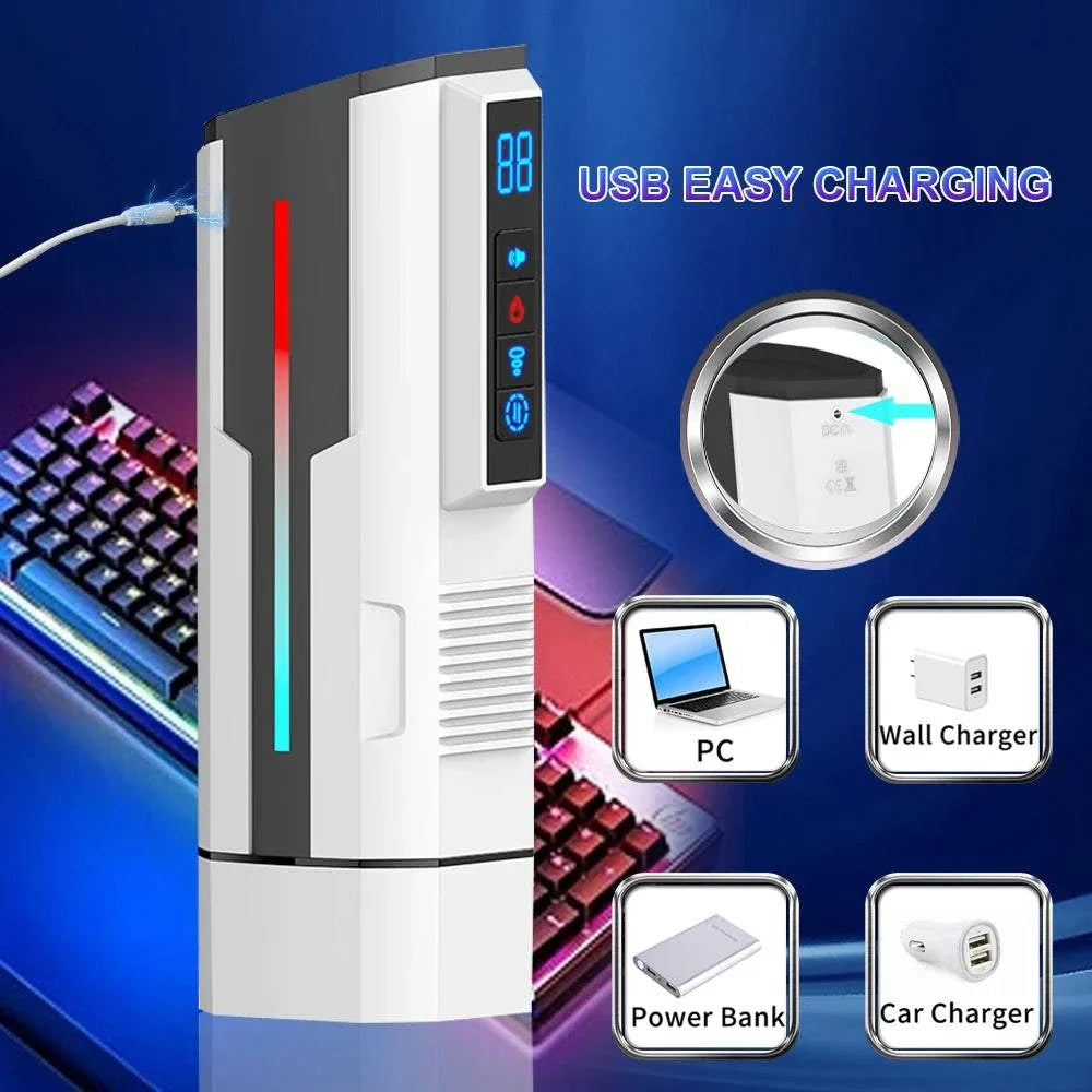 Automatic telescopic male masturbator cup with USB charging and multiple power options.