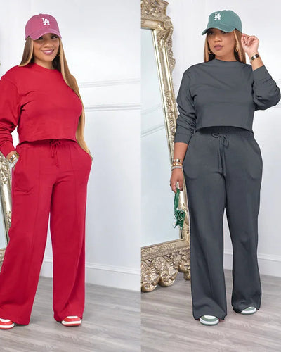 Women Clothing Sets Pullover Top+Pants 2Pcs Suits Winter Thicken Warm Outfits Solid Color Female Casual Tracksuit Good Vibrations