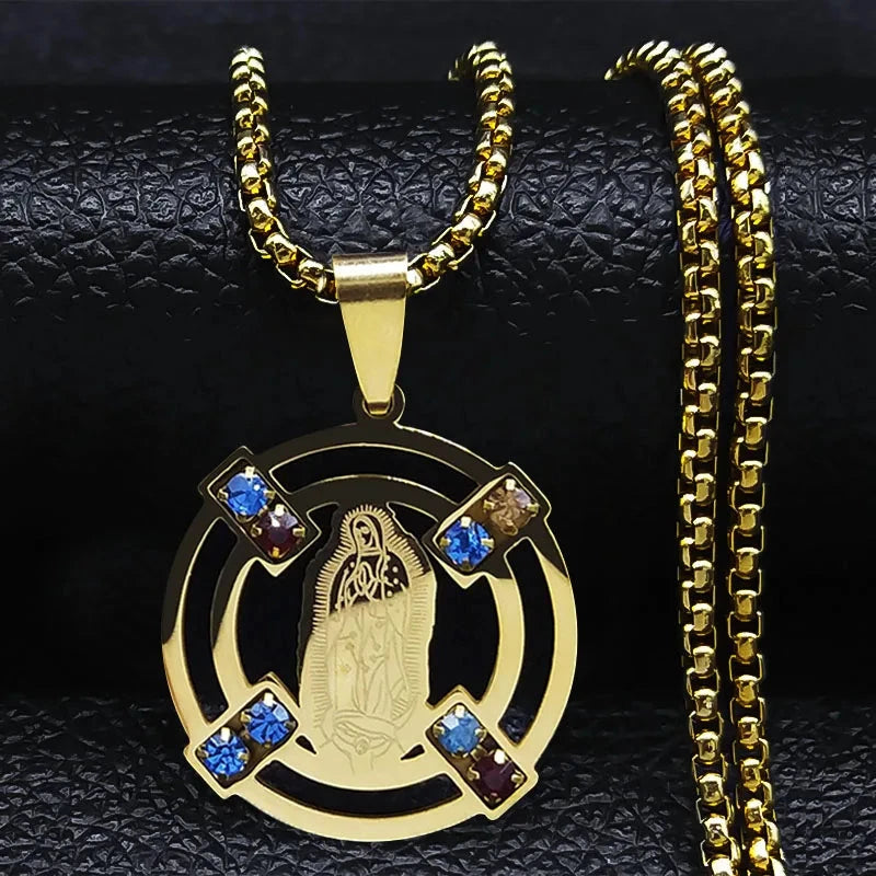 Catholic Jesus Cross Stainless Steel Necklace Saint Benedict Crystal Virgin Mary Pendant Crucifix Male Necklaces Jewelry cruz Good Vibrations