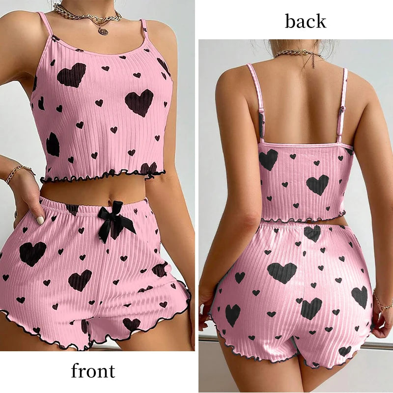 Women's Pajamas Set Sleepwear 2 PCS Short Tank Tops And Shorts S M L White Ventilate Soft Casual Love Printing Good Vibrations