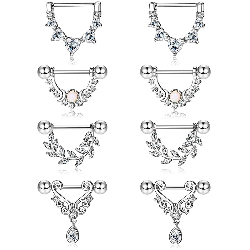 4 pairs of 14G women's nipple rings 316L stainless steel heart-shaped teardrop Moon Star opal leaf CZ barbell nipple rings Good Vibrations