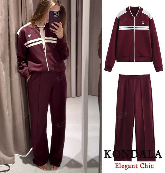 Women Fall Vintage Jacket Set O-Neck Zipper Jacket Elastic Waist Pant 2025 Spring Autumn Fashion High Street Casual Female Set Good Vibrations