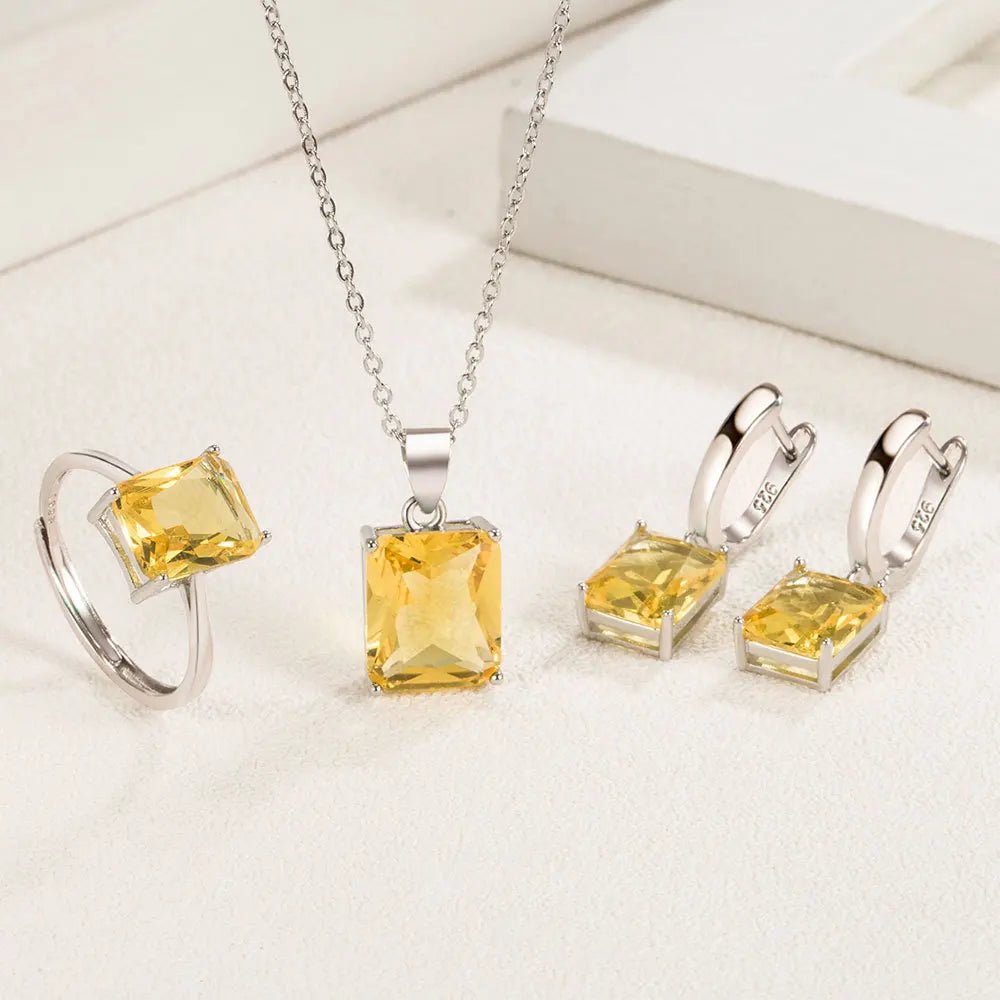 925 Sterling Silver  Elegant Jewelry Sets Ring Earrings Necklace For Women Rectangle Geometry Zircon Wedding Accessories Good Vibrations Adult Super Store