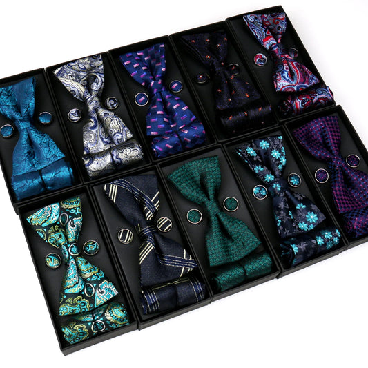 Bowtie For Men Set Gift Box Business Gift Fashion Bow Tie Pocket Square Cufflinks Set Bowtie 3pcs For Wedding Hanky Cravata Neck